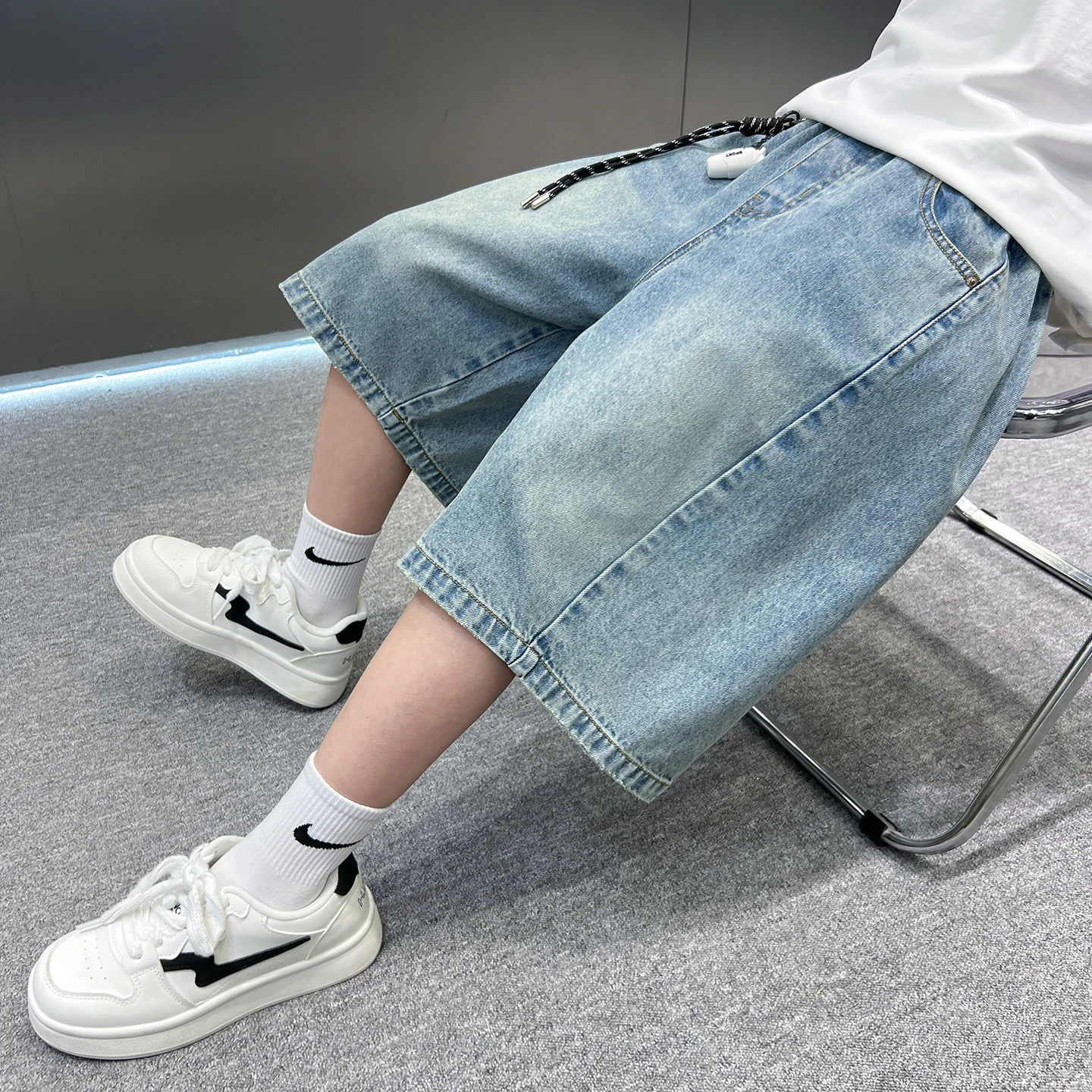 Summer Kids Child Casual Retro Blue Denim Shorts for Boys Baggy Jeans Capris Knee Length Pants Size 5   6 7 8 9 10 11 12 13 14 Y
