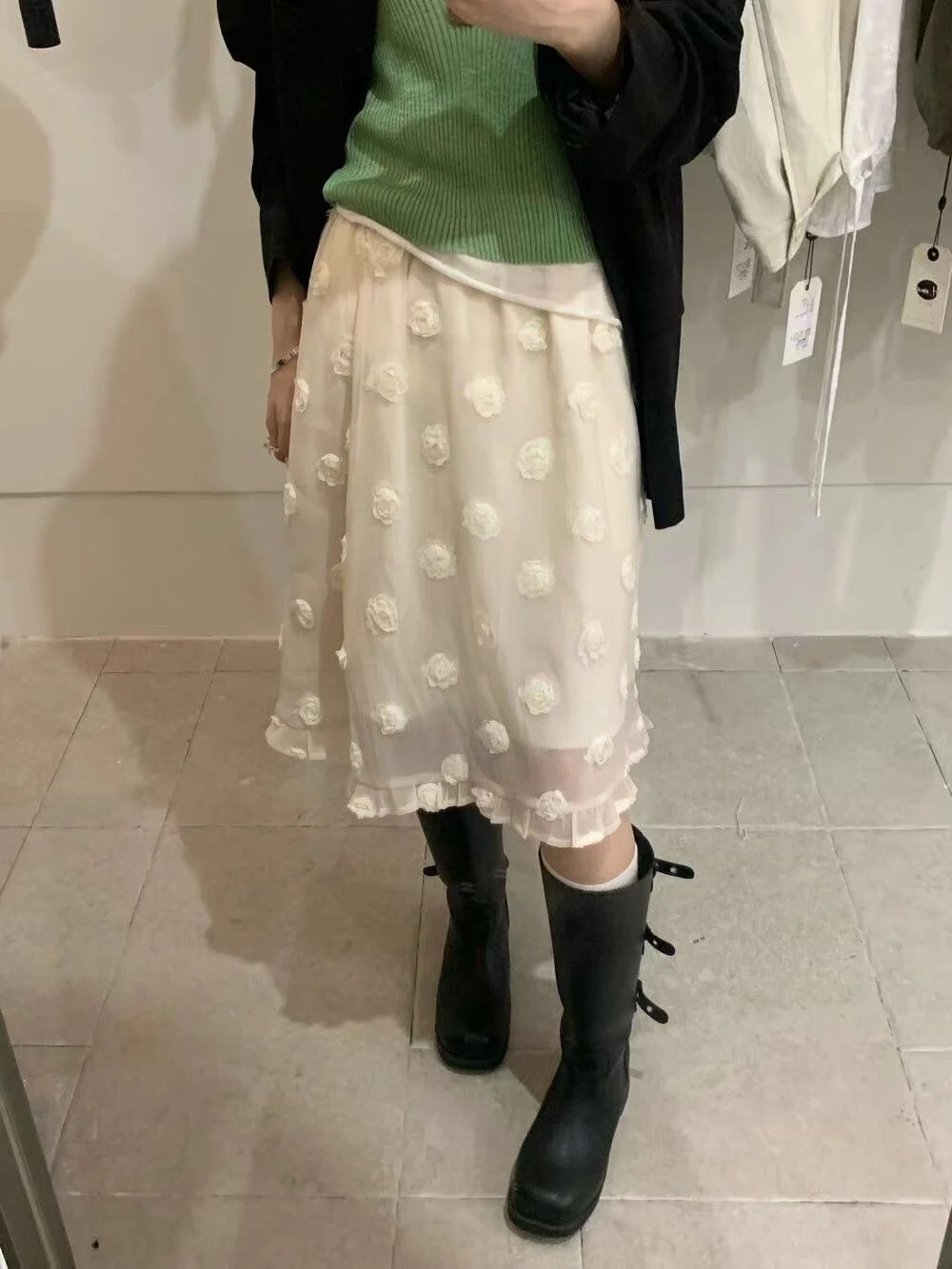 Elegant Heavy Embroidery Rose Flower Half Skirt Summer Elastic Waist Mesh Straight Hem Midi Skirt Gentle Soft Sweet Style