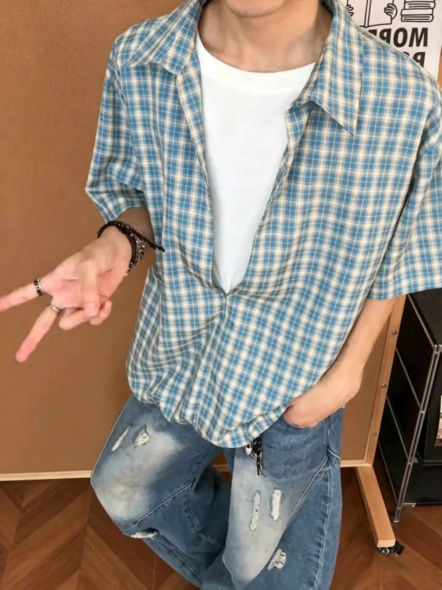 Blue Ice Silk Shirt Men's Summer Design Sense American Boxy Plaid Short Sleeve V-Neck Fake Two-Piece Loose Fit Breathable Coo...