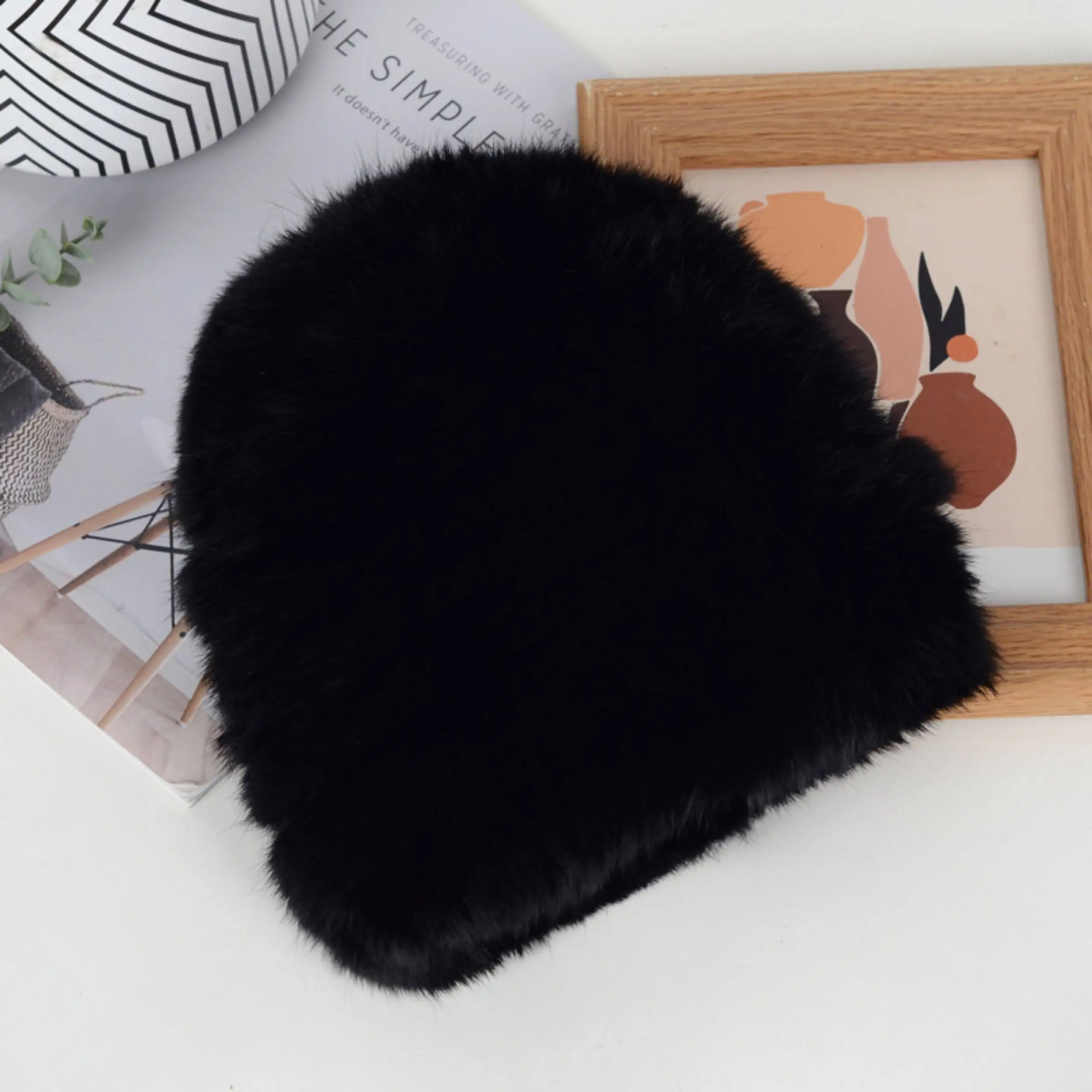 ICYMI Damen Echtkaninchenfell-Mütze Dicke Strickmütze Warme Wintermütze Kunstfell-Pompon Ohrenschutz Kopfbedeckung Herbst Warme Skullies – Detail 8