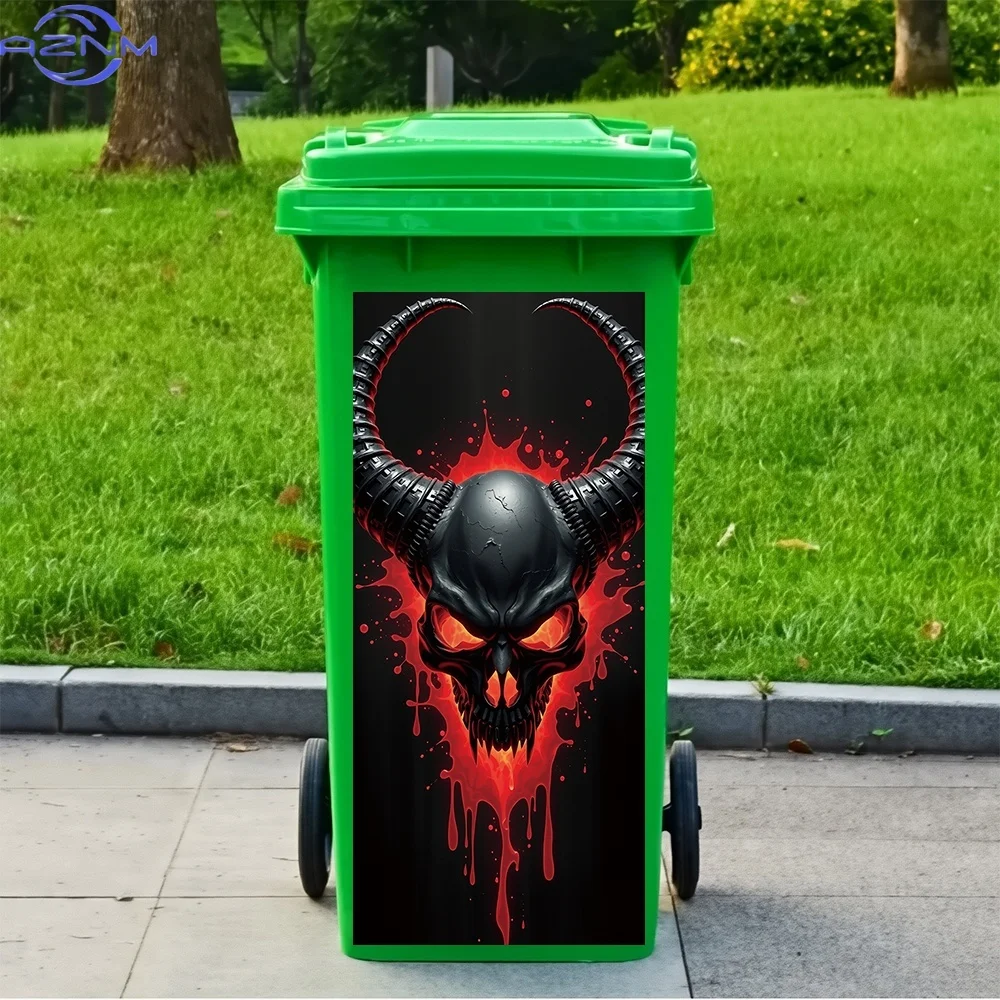 1 Sheet, Flame Devil Skull Theme, Trash Can Stickers, Decorative Self-Adhesive PVC Decals, Outdoor Waterproof, Suitable for Ga