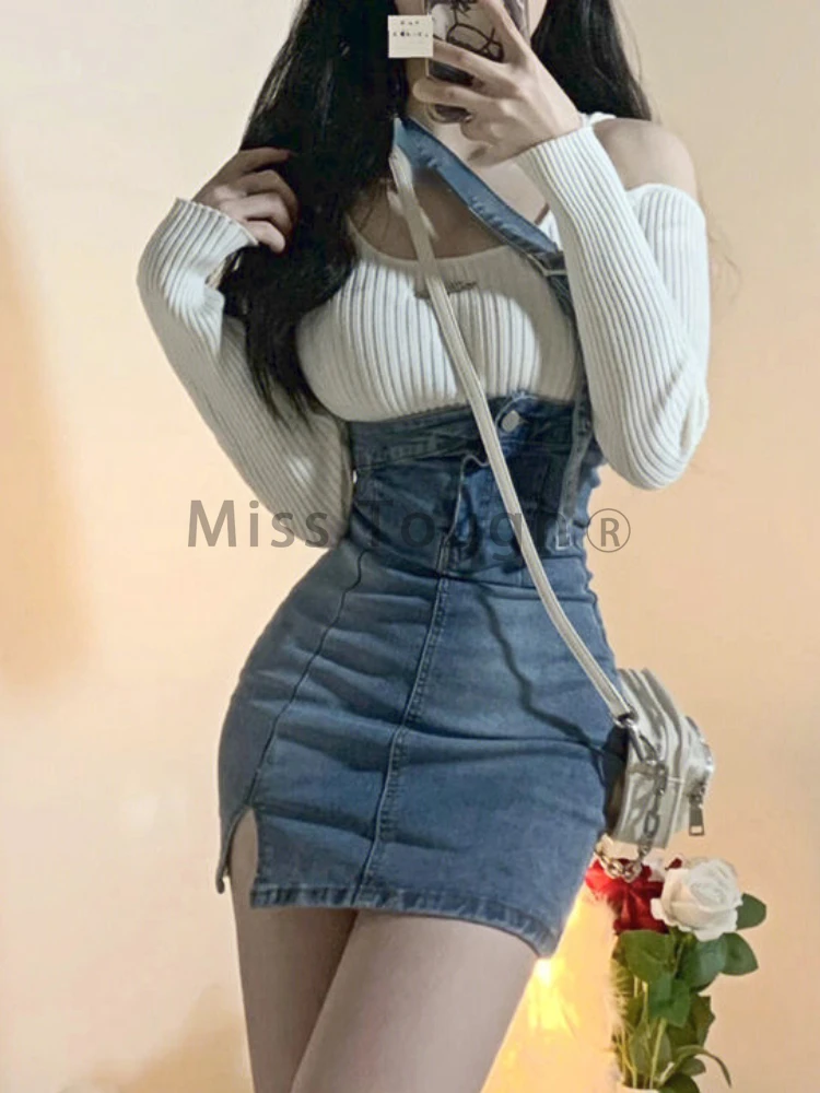 Blue Vintage Knitted Two Piece Set Women Sexy Denim Party Mini Skirt Set Female Split Casual Fashion Skirt Suit 2023 Autumn New