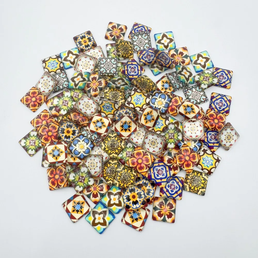 20PCS 1.5CM Bohemian Style Geometry Floral Pattern Square Convex Crystal Glass Mosaic Stones DIY Handmade Creative Decorat