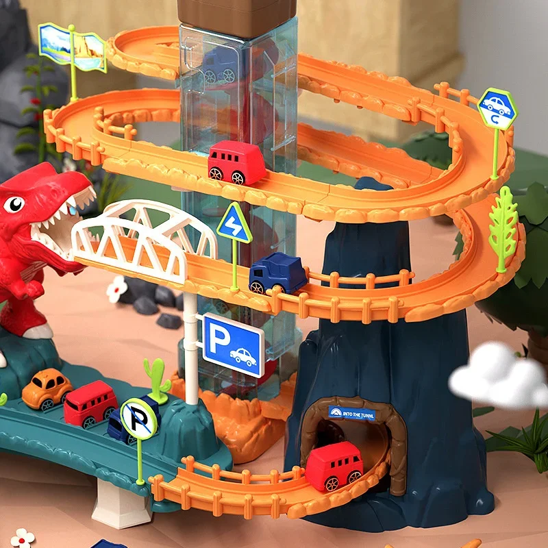 Carro ferroviario con dinosauro, trenino, grande avventura, parcheggio auto, giocattolo per bambini, 3 anni, 4 anni, educativo