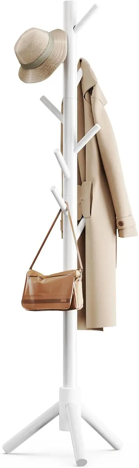 Sturdy Wooden Coat Stand, 3 Adjustable Sizes Coat Tree with 8 Hooks, Coat Stands for Hallway Entryway, Hat Stand for Clo