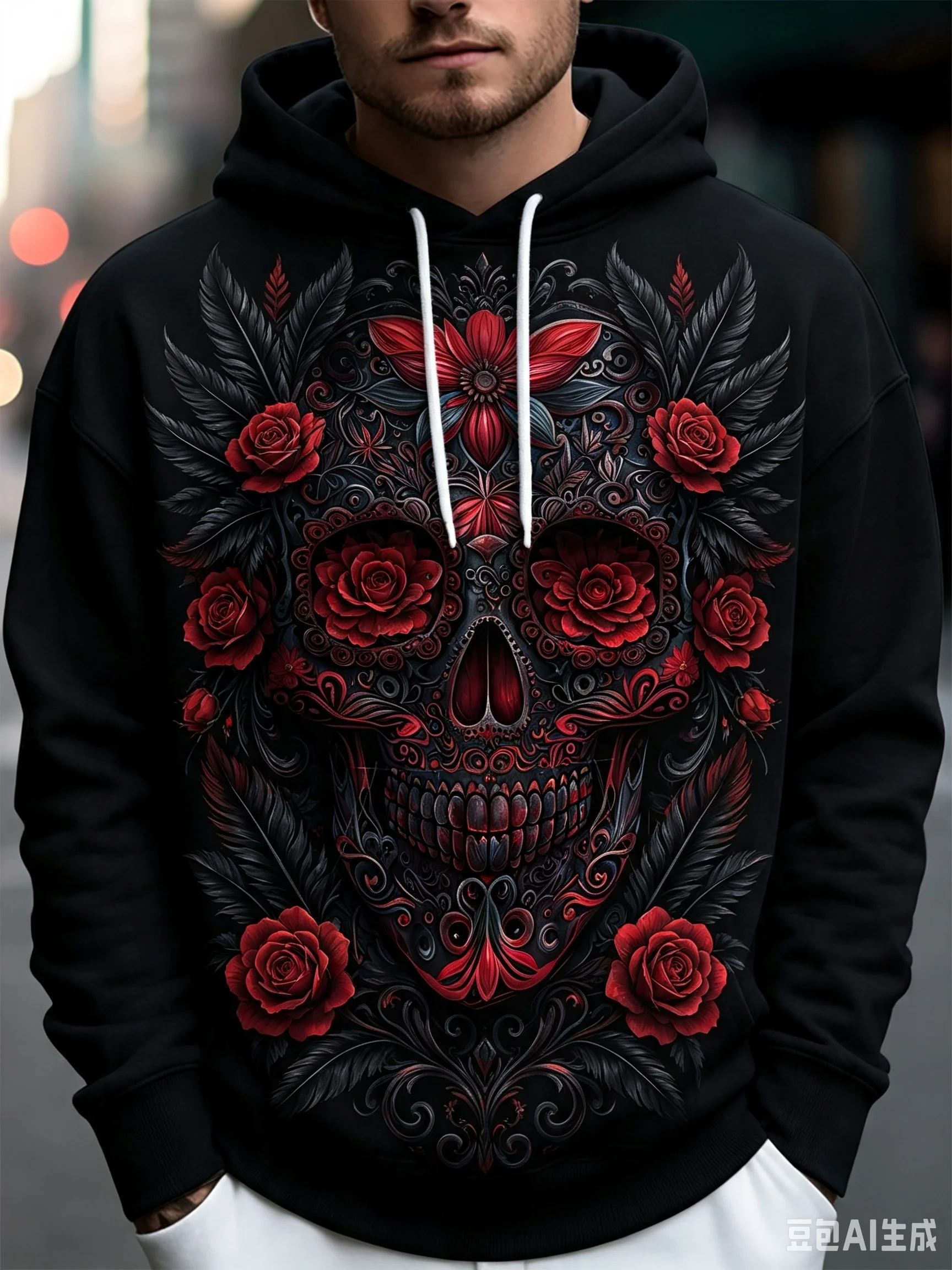 Skull Graphic Hoodie, Vintage Floral 3D Print Pullover, Casual Streetwear Sweatshirt for Men Autumn and Winter Thin Coat Top