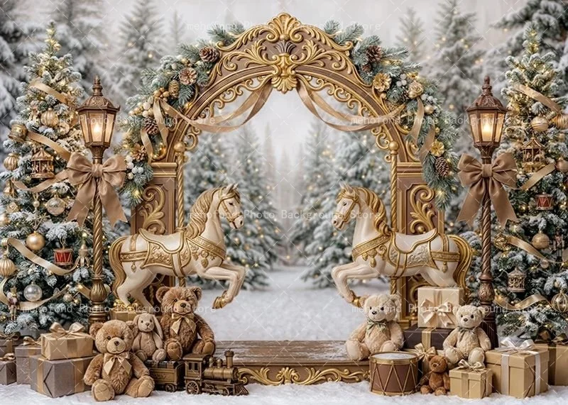 Mehofond Winter Fairy Tale Carousel Photography Arched Door Golden Bow Gift Box Kid's Birthday Background Festival Photo Studio
