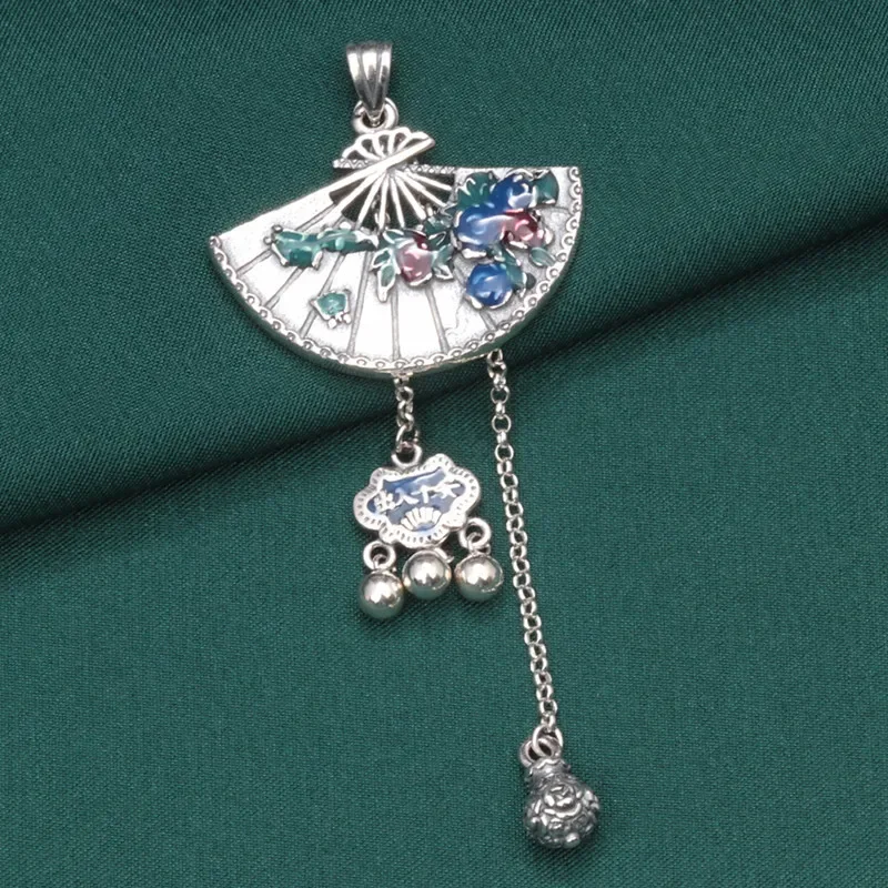 Ethnic 925 Sterling Silver Fan Shape Long Tassel Pendant Necklace Retro Enamel Money Bag Ruyi Lock DIY Material Jewelry Making