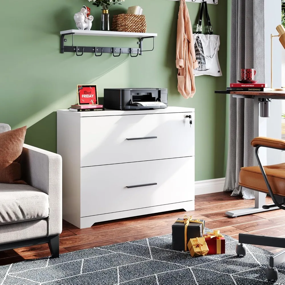 2-Drawer Wooden Locking Lateral File Cabinet for Home Office, White