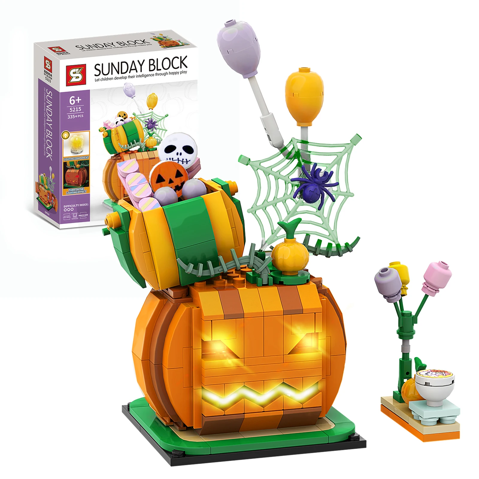 MOC Halloween Theme Pumpkins Cabin Building Blocks Set Decoration Little Devil With Light Bricks Toys For Children Xmas Gifts