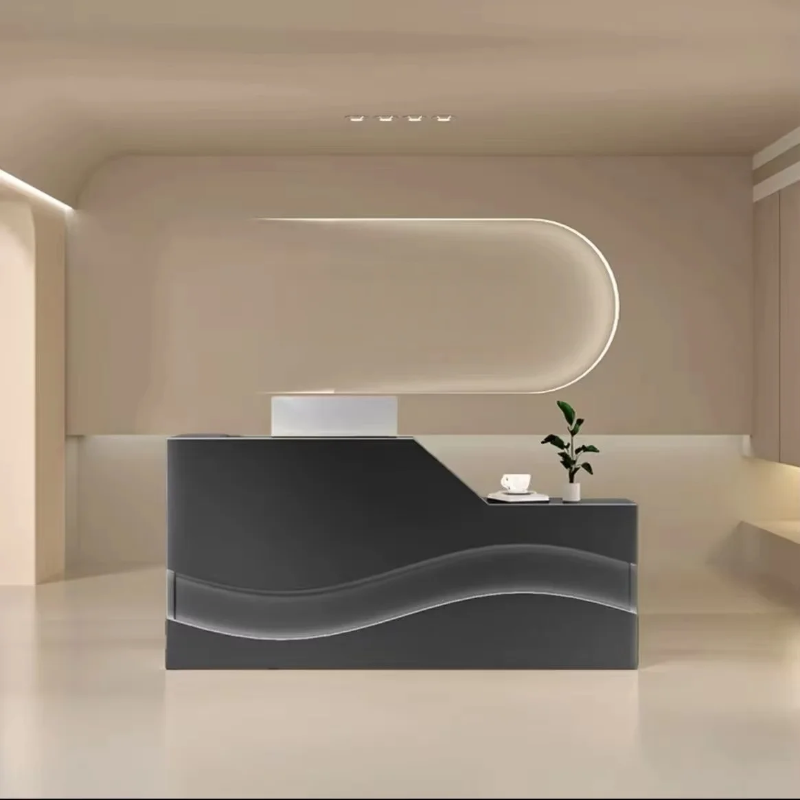 Luxury Wave Shaped Reception Counter Desk Reversible Left Right Front Table With LED Strip For Hotel Salon