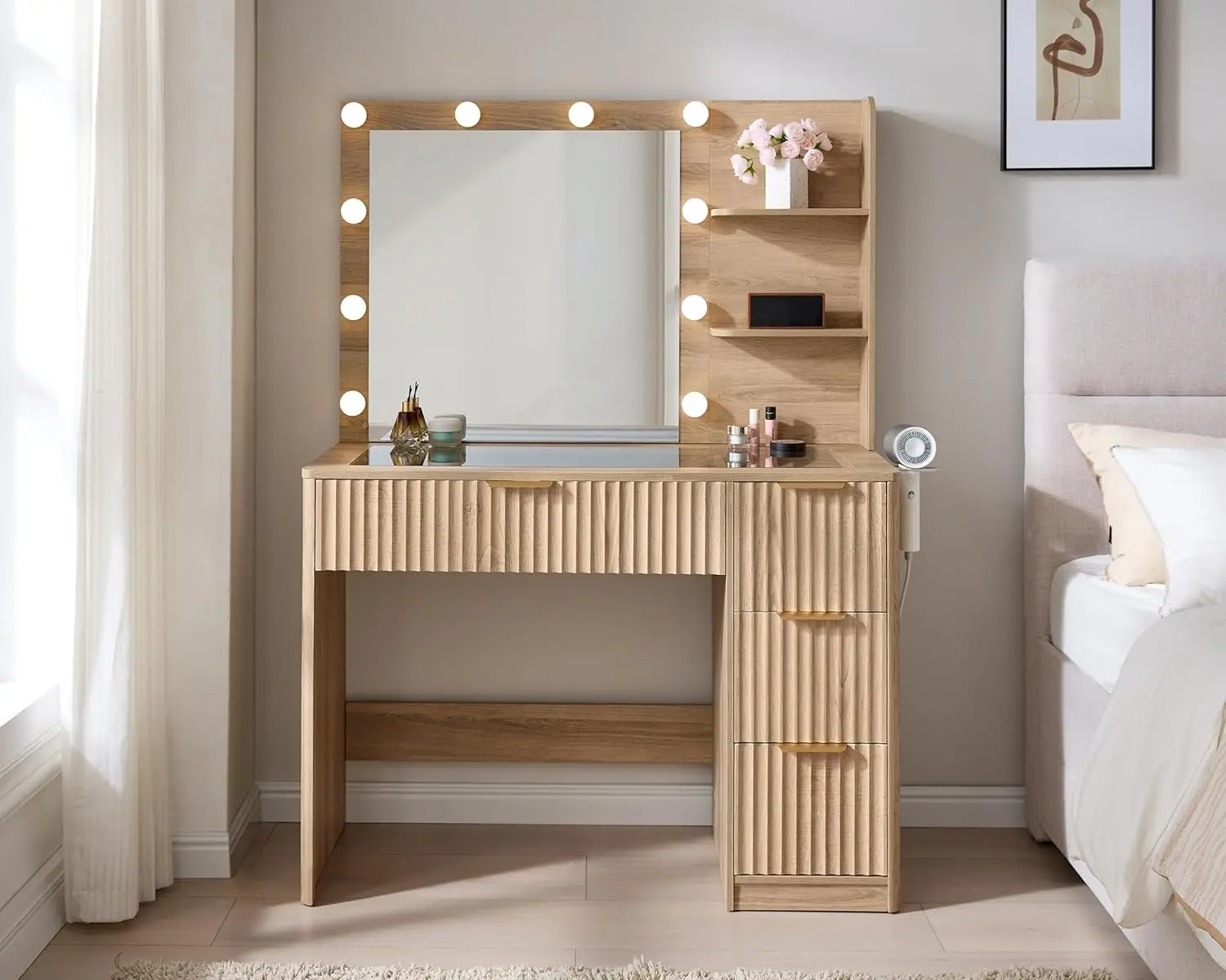 Natural Oak Fluted Vanity Desk with Glass Top for Bedroom or Dorm, Adjustable LED Lights & Charging Station view 2