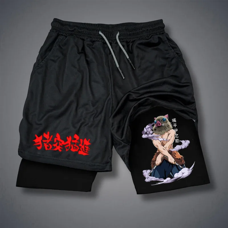 남성 피트니스 퍼포먼스 러닝 트레이닝 스포츠 반바지 패션 프린트 2-In-1 더블 레이어 여름 메쉬 속건성 비치 반바지