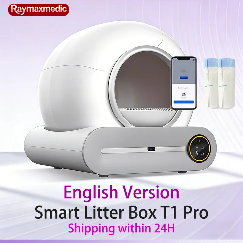 

Автоматический умный туалет для кошек Raymax 65L с функцией самоочистки, полностью закрытый лоток для кошачьего туалета, английская версия.