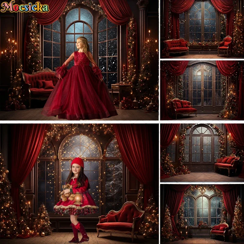 

Indoor Christmas Window Backdrop For Kids Family Portrait Birthday Party Photography Xmas Tree Glitter Stars Red Curtain Decor