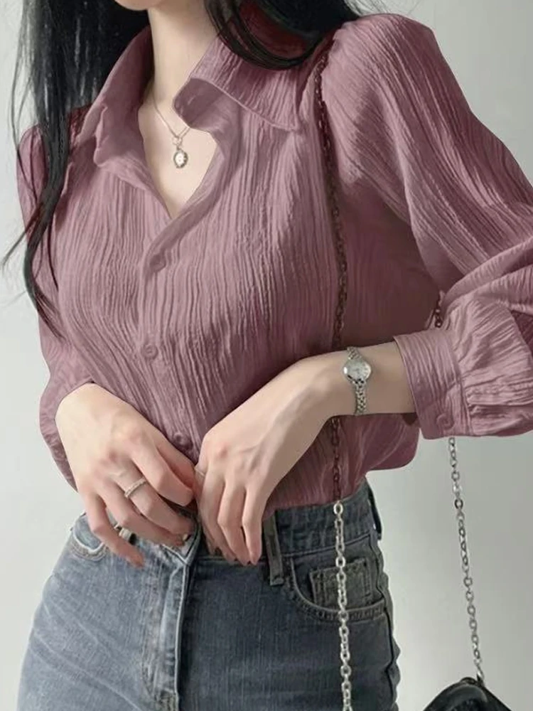 Elegant Soft Purple Long Sleeve Women's Shirt Spring Summer Unique Design Commute Style Loose Fit Button up  Neck