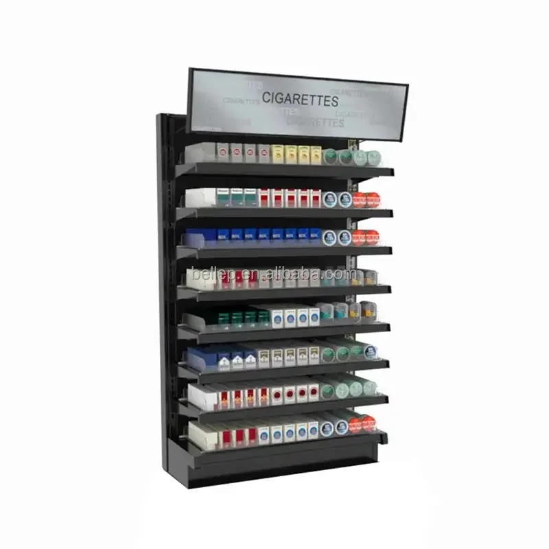 custom.Gas Stations Metal Display Rack With Adjustable Shelves and Acrylic Pusher