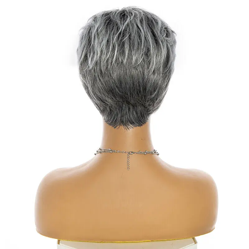 Short Black Root Grey Cut Wigs Straight Slight Layered Synthetic Hair Wig