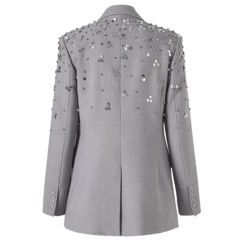 High-end Sequin Beading Blazers Double Breasted Slim Notched Collar Gray Suit Jacket Offce Lady Luxury Elegant Women‘s Overcoats