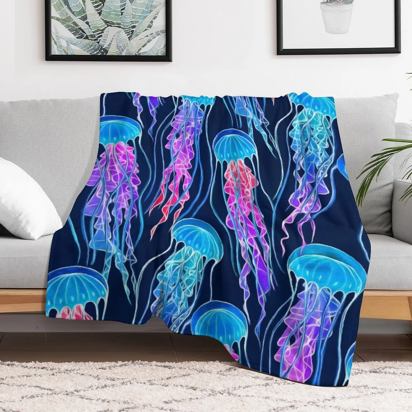 Luminescent Rainbow Jellyfish on Navy Blue Throw Blanket Heavy Hairy sofa bed Sofa Quilt Blankets