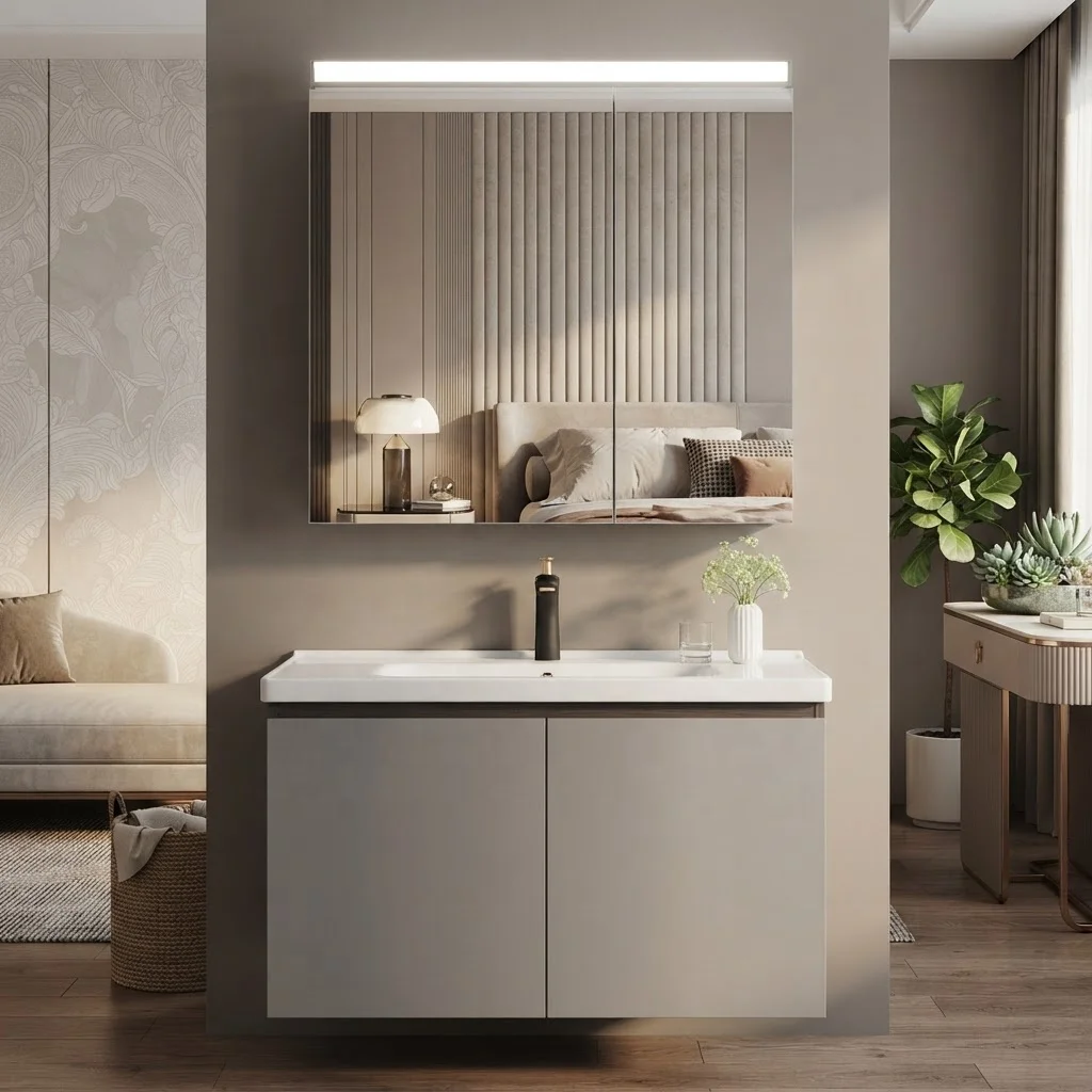 Waterproof Hotel Lighted Mirror Stainless Steel Wall-Mounted Ceramic Basin Vanity Combo With Bath Mirror Bathroom Vanities