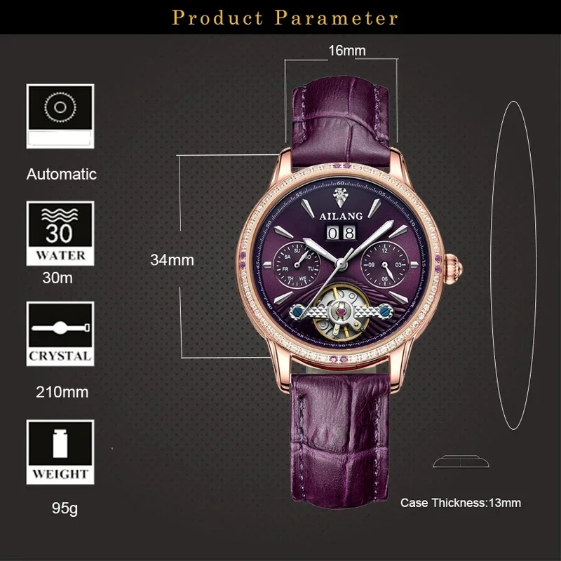 AILANG Ladies Luxury Automatic Mechanical Watch Tourbillon Waterproof Skeleton Calendar Elegant Female Wristwatch