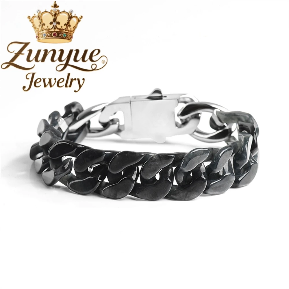 

Natural Genuine Black jadeite Guba Chain Bracelet Necklace Titanium Steel Hip-Hop Style High-End Popular Jewelry Accessory Gift