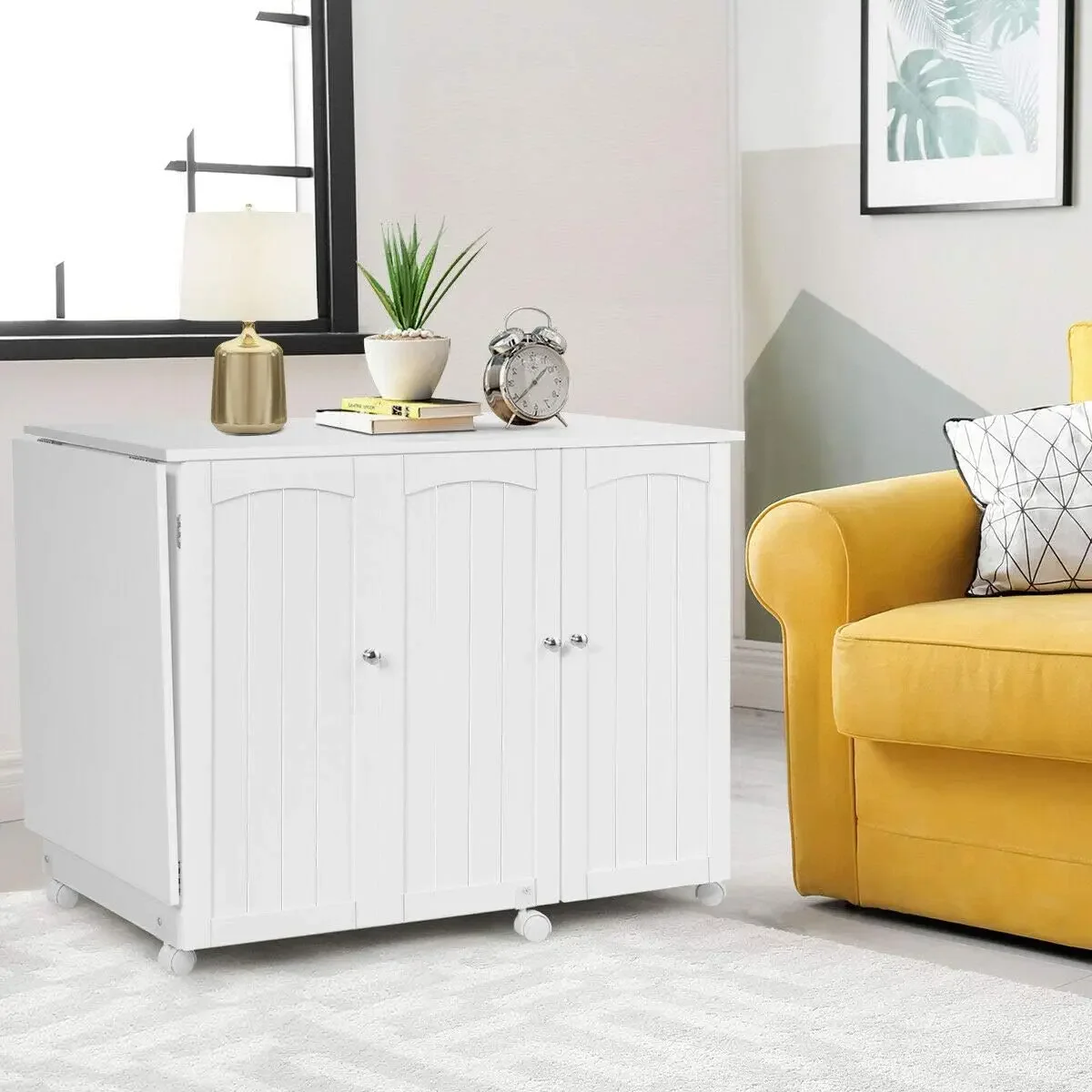 Folding Sewing Table, Large Size Craft Cart w/Storage Shelves and Lockable Casters, Rolling Craft Station Sewing Table