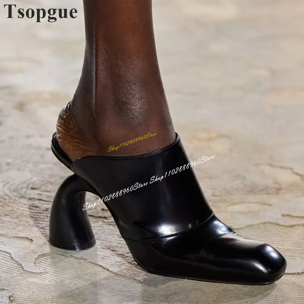 

Catwalk Black Leather Half Slippers Strange Style Heel Shoes For Women Slip On Square Toe 2024 Fashionable Zapatos Para Mujere