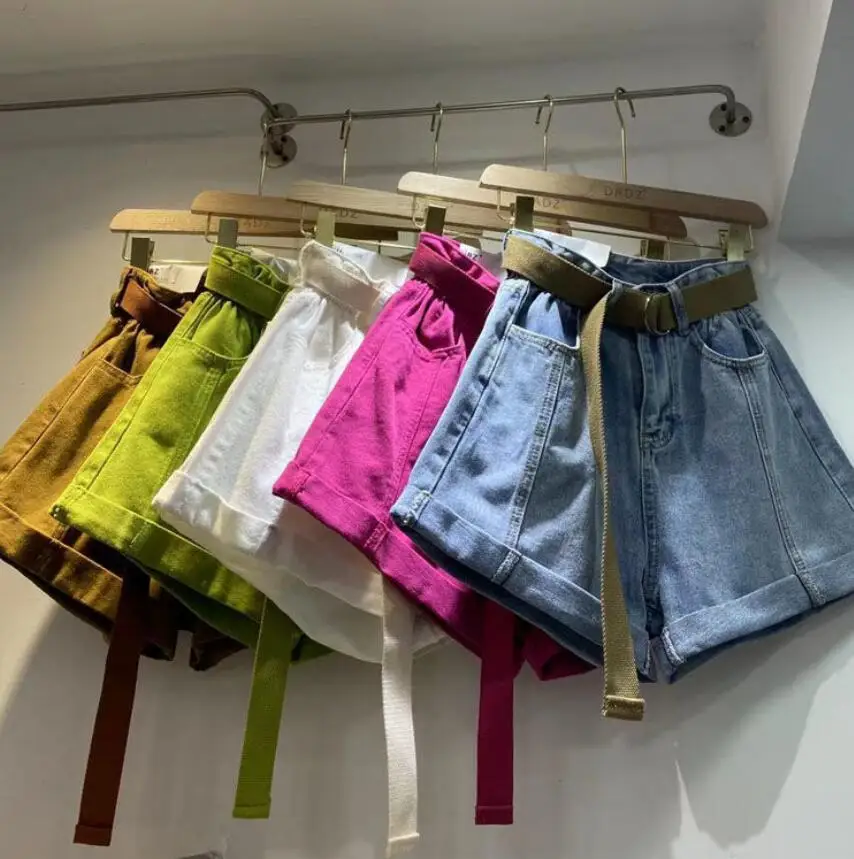 Fashion Rolled Denim Shorts Women Summer High Waist Casual Loose Wide Leg Hot Shorts With Belt s388