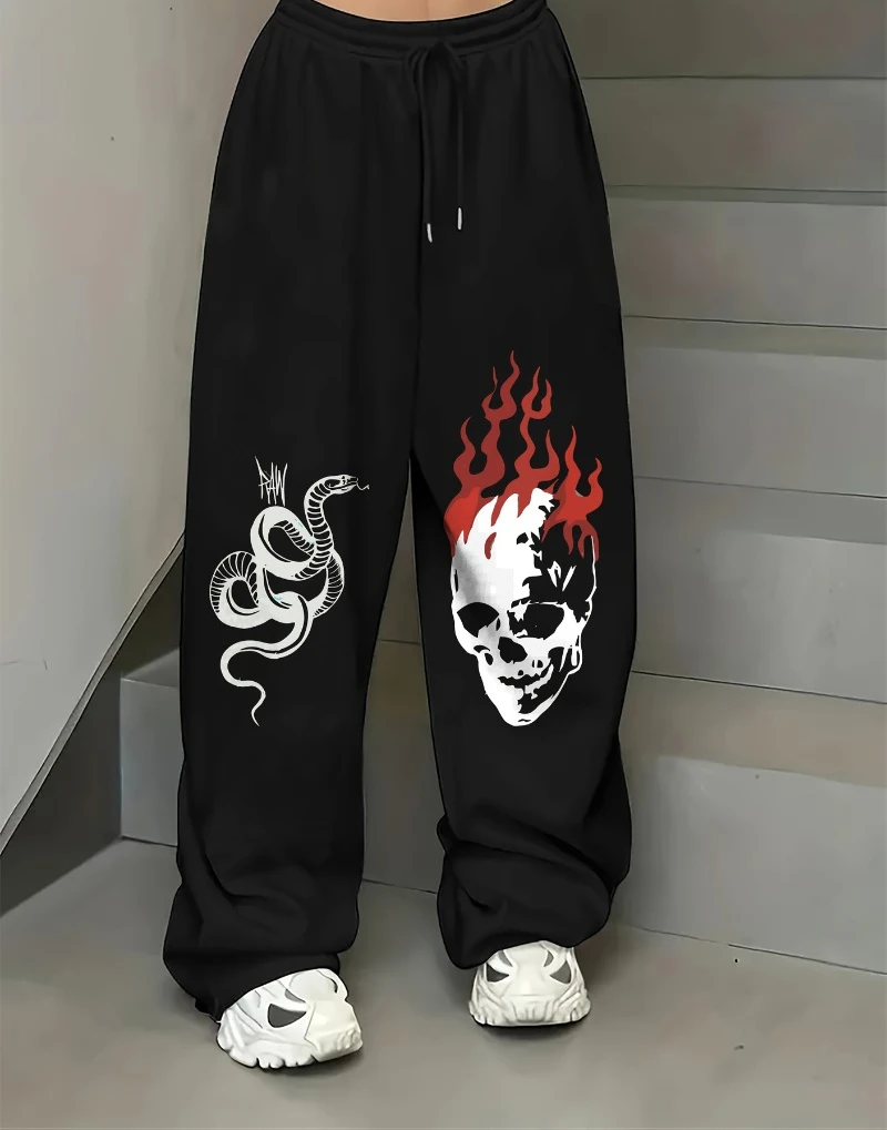 

Casual Sports Pants Unique Skull and Snake Print, Featuring Drawstring Straight-Leg Design, Perfect for A Trendy Street Style