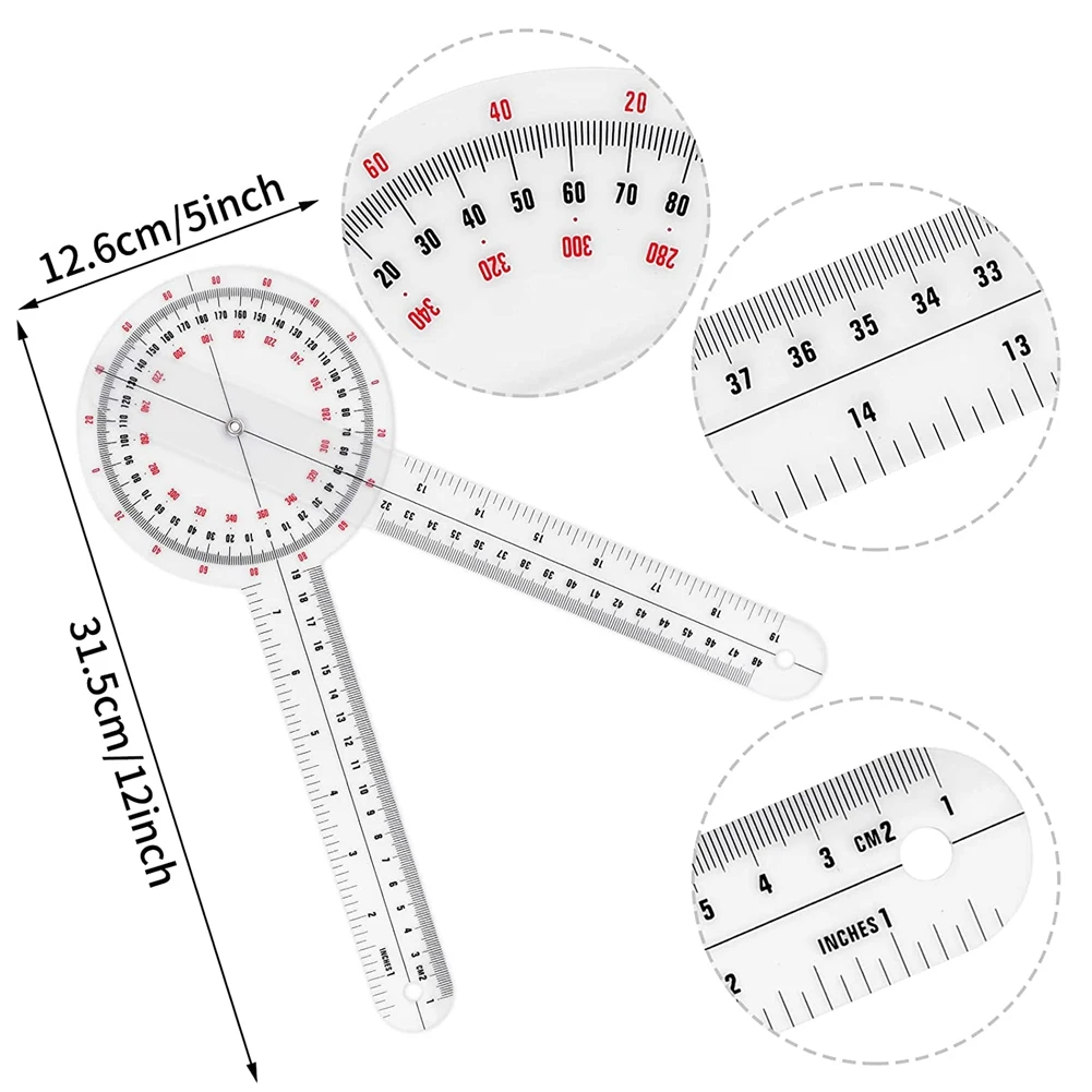 Goniometer 12 inci, penggaris sudut ortopedi transparan, Goniometer plastik 360 derajat Goniometer tulang belakang untuk pengukuran tubuh