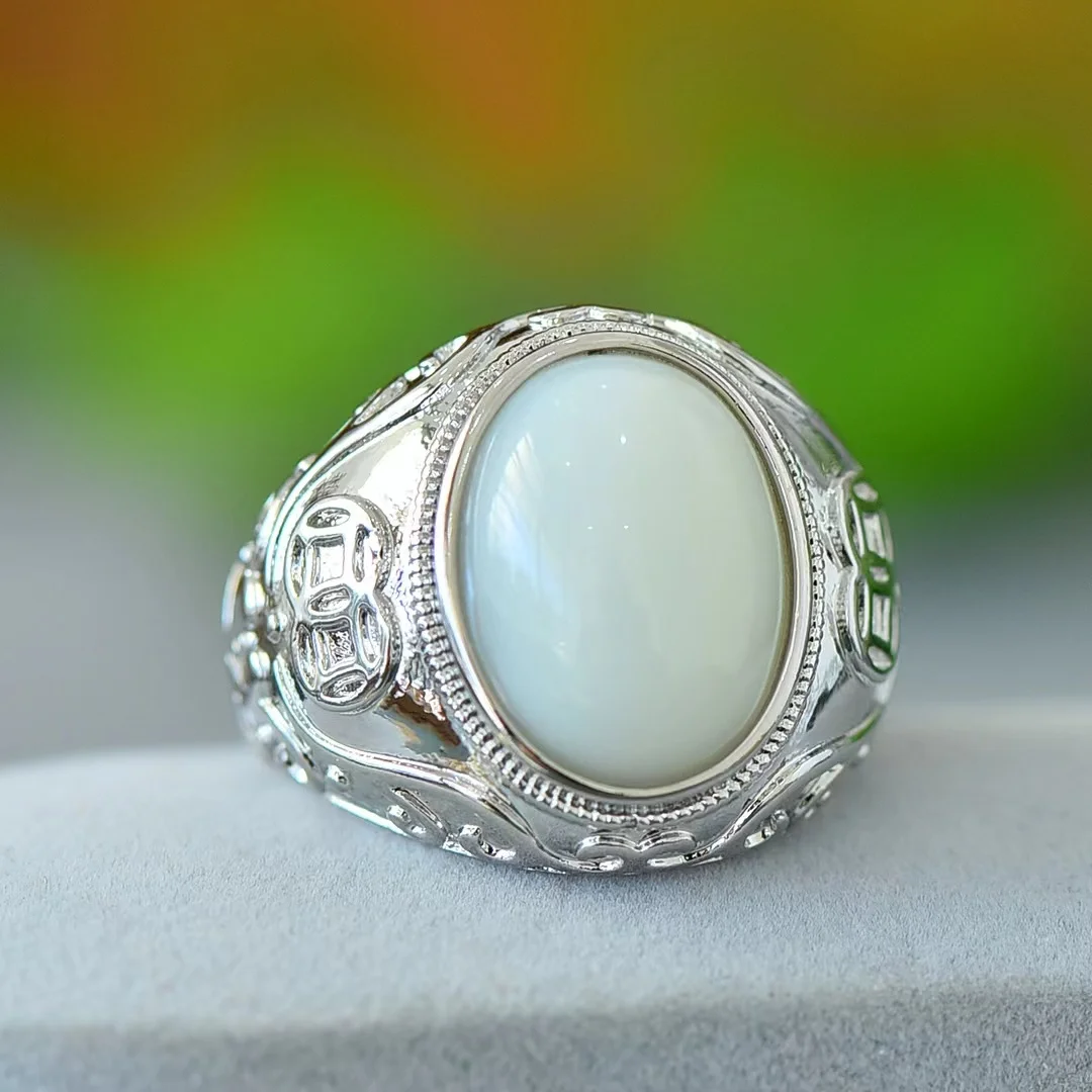 Jade Hetian💍Anillo de piedra Natural ajustable para hombres y mujeres, joyería de piedras preciosas, amuleto Retro de lujo, joyería de mascarillas
