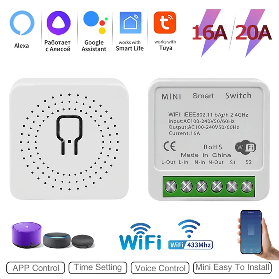 2 Way Mini DIY Smart Switch Tuya WiFi Light Switches Module RF433Mhz Timer Breaker Work With Smart Life Alexa Google Home Alice