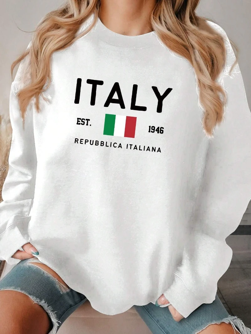 Casual Women Hoodies Italy Est.1946 Republicblica Italiana Print Pullover Loose Crewneck Warm Fleece Sweatshirt Autumn Streetwear