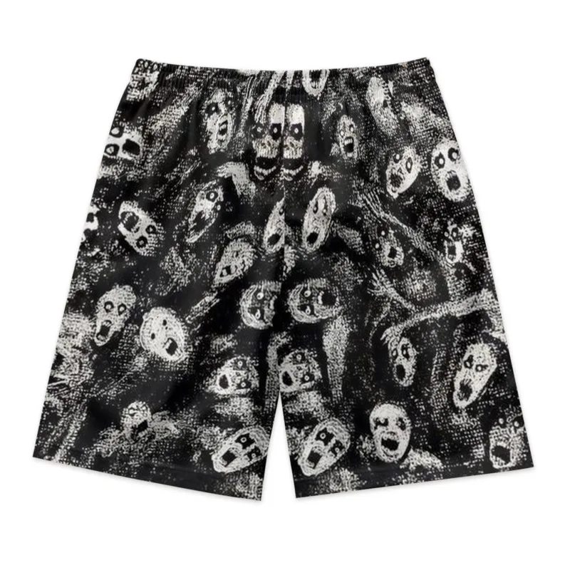 Scared Faces Print Drawstring Waist Shorts Quick Dry Breathable Polyester Sport Beach Shorts Streetwear Clothing Bottoms