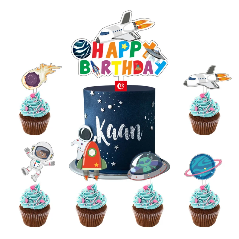 7pcs/set Astronaut Spacecrafts Kids Birthday Cake Toppers Airplane Happy Birthday Cake Flags For Birthday Cake Baking Decor