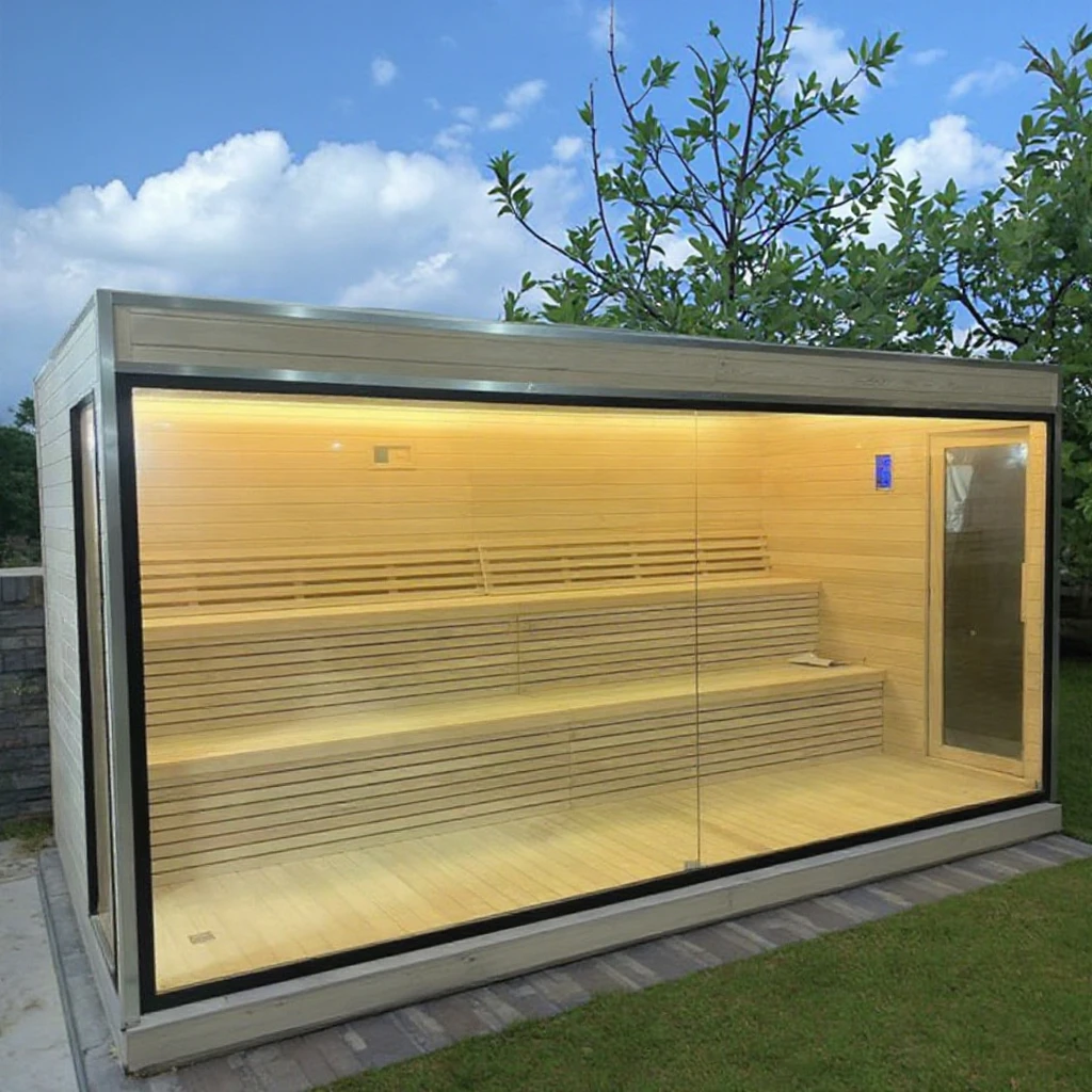 Modern Villa Outdoor Solid Wood Sauna Room with Intelligent Control Transom Windows for 4 Persons Electric Steam Dry Functions
