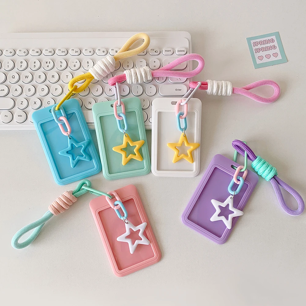 ID Card Protective Color Bus Card Cover Plastics Star Pendant ID Card Holders Hanging Rope Key Chain Credit Card