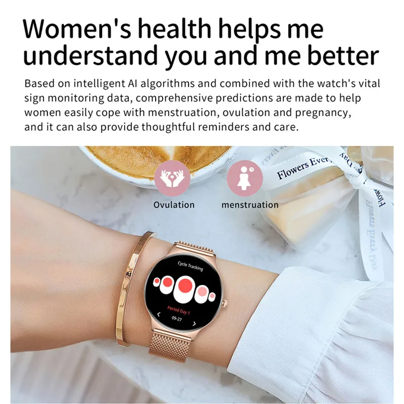 ساعة ذكية نسائية ، مكالمة رد ، تذكير واتس آب ، شاشة عرض دائمة ، طلب مخصص ، تصميم نحيف للغاية ، متتبع اللياقة البدنية لنظام أندرويد ، iOS