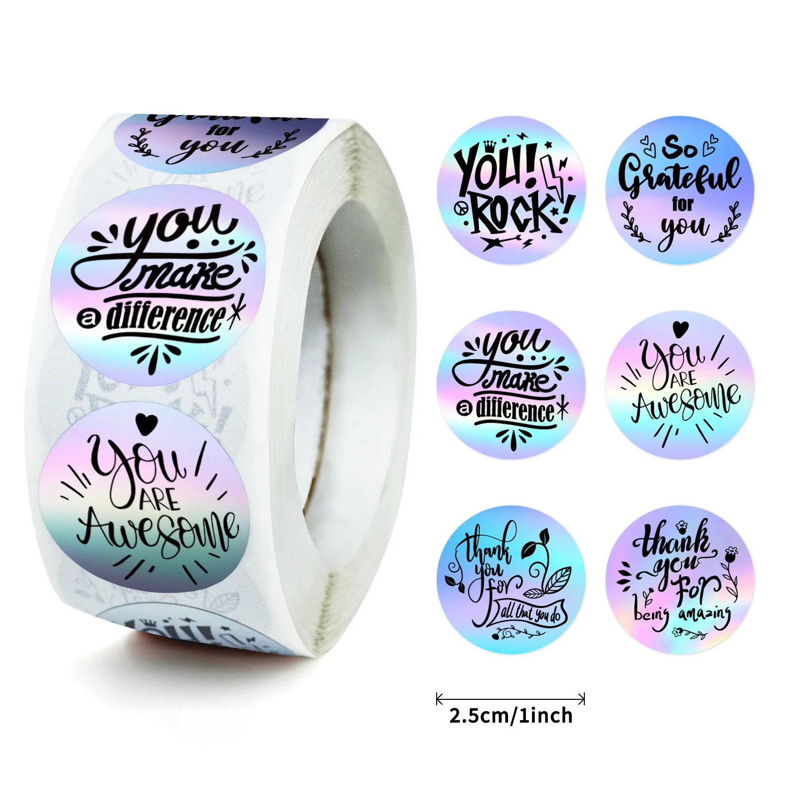 JCAC 500pcs/roll 25mm Holographic Encouragement & Thank You Stickers, Round Self-Adhesive Emoji Seal Labels