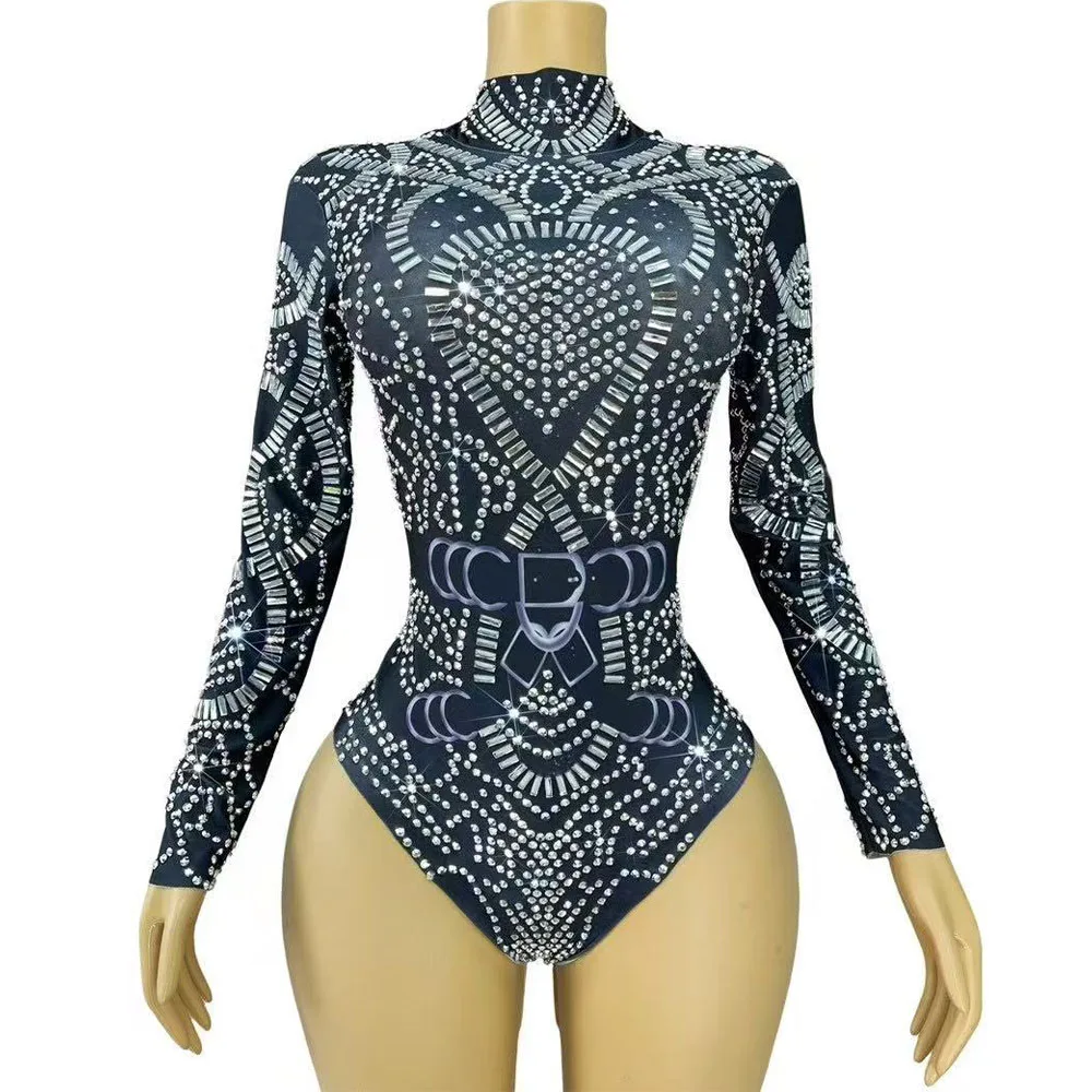 

Women Sexy Stage Performance Black Bodysuit Flashing Silver Leotard Singer Dance Team Party Celebrate Show Costume Club Vestido