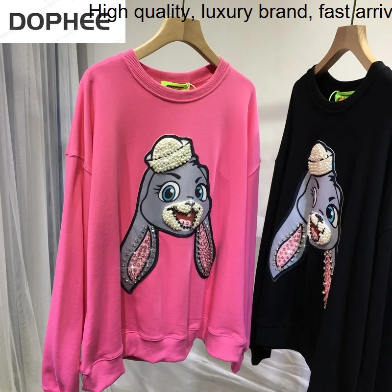 

Pink Beading Lovely Cartoon Age Reduction Women Sweatshirts Lazy Wind Loose Long Sleeve Pullovers Top Autumn Streetwear Hoodie