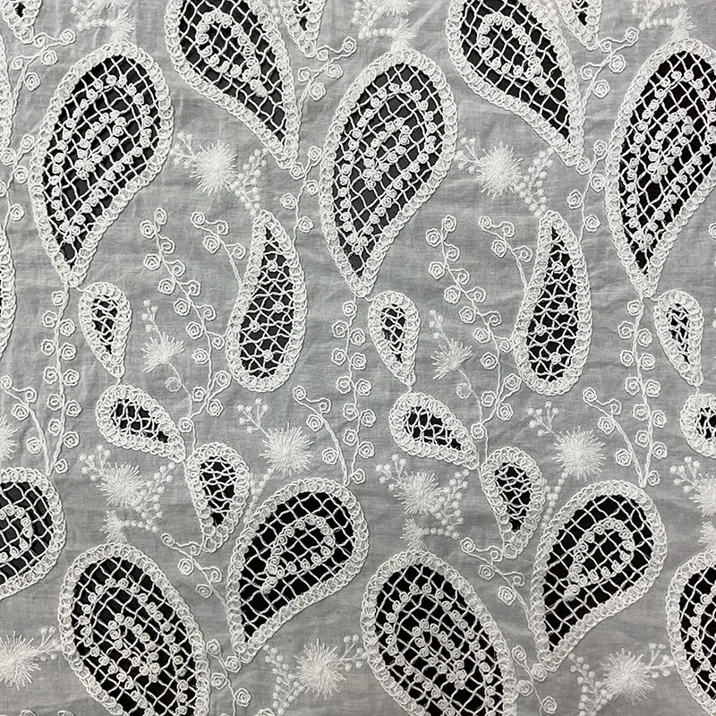 

Water-soluble embroidered lace cotton fabric with hollow laser cord embroidery for dress designer fabric, sold by the yard