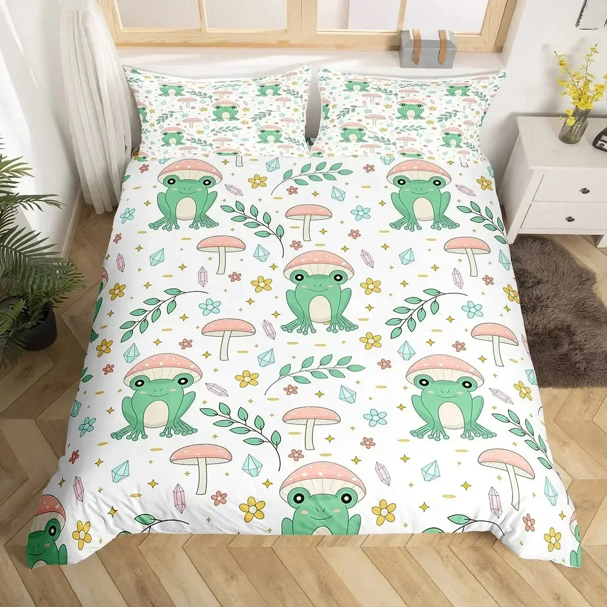 

Frog Duvet Cover Set,Cartoon Frog Comfortable Duvet Quilt Cover Pillowcase Bedding Set Children Bedroom Decoration Home Textile