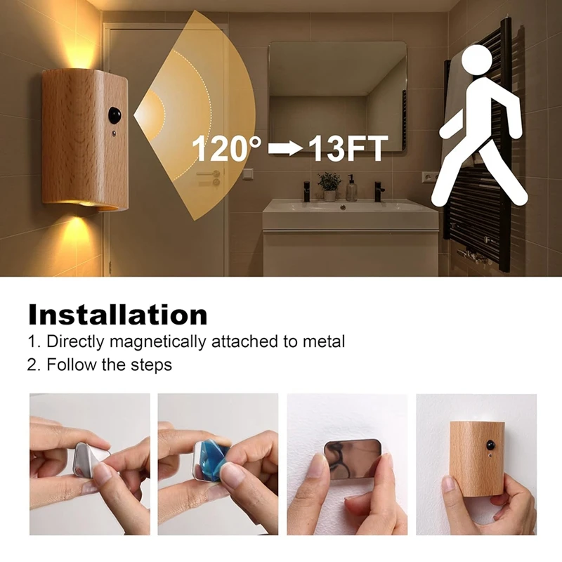 LED Wooden Table Lamp Human Body Sensing Infrared Night Light Motion Sensor Night Lights Rechargeable Sconces Wall Light B
