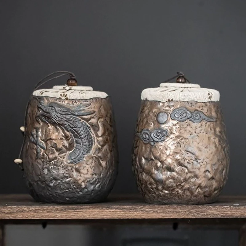 Vintage Gilded Tea Canister with Ceramic Lotus and Dragon Patterns Candy Airtight Jar Household Storage for Nut and Coffee Beans
