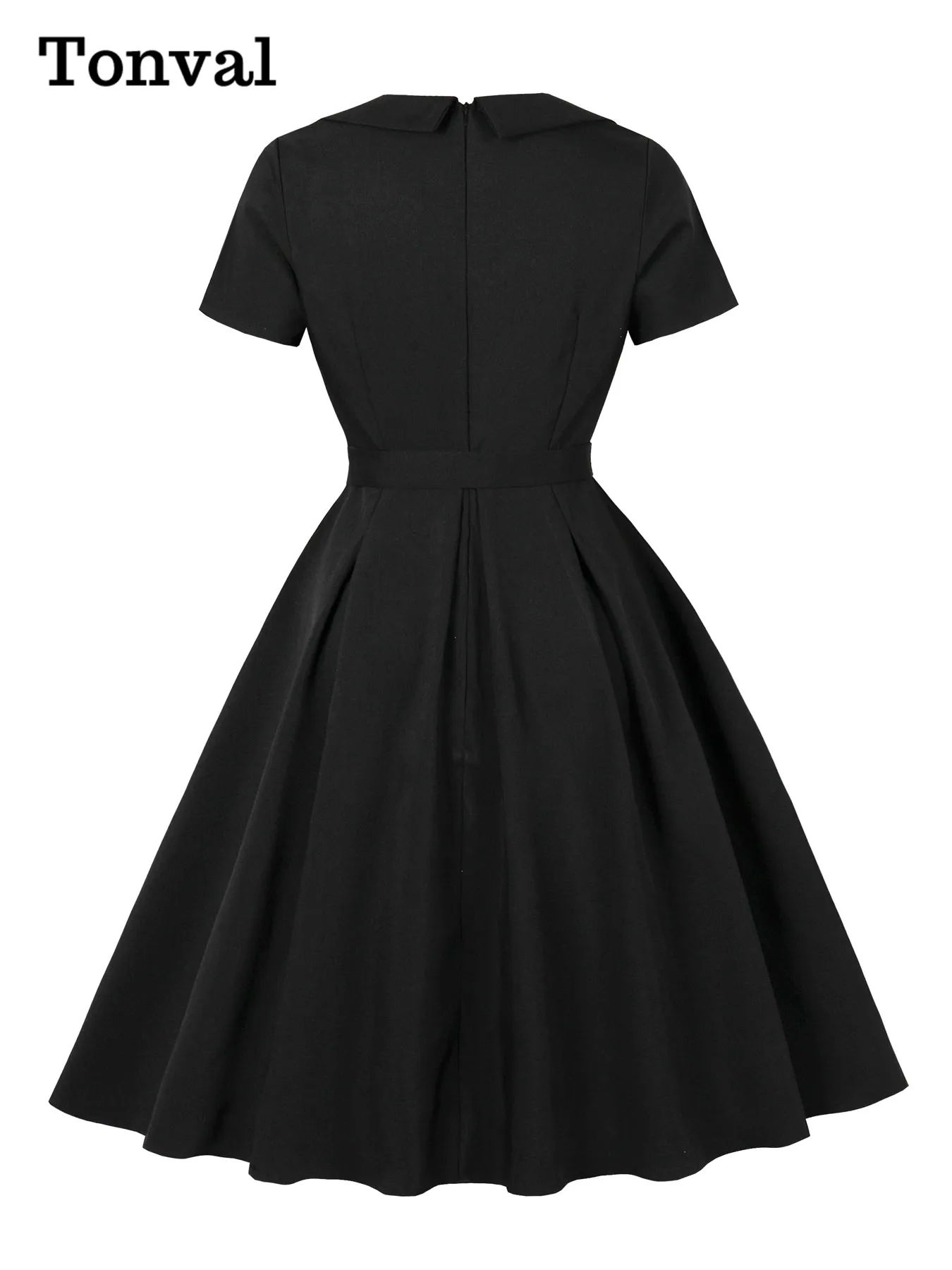 Tonval Schwarze Kleider mit herzförmigem Ausschnitt, Applikationen und Details, elegante 50er-Jahre-Kleidung für Damen, plissiertes Kleid im Vintage-Stil mit Gürtel
