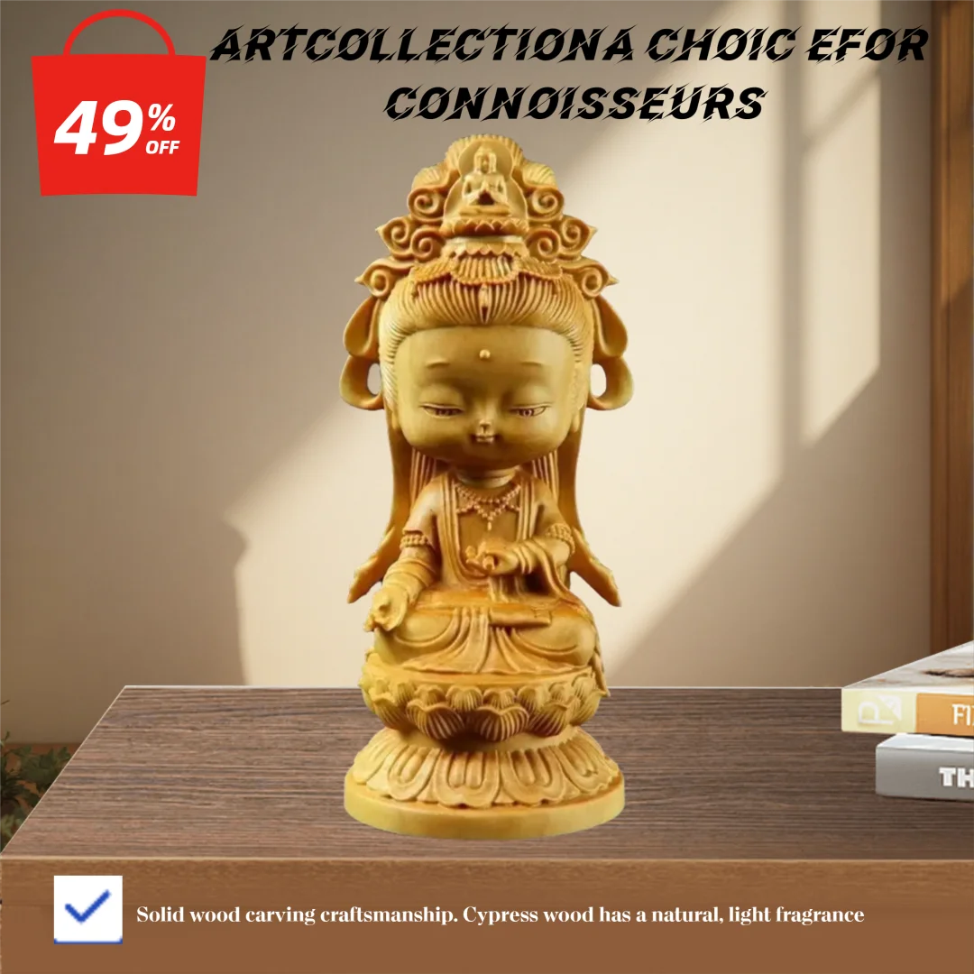 Estátua de Guanyin em madeira entalhada à mão, estilo cartoon, em madeira maciça, para Feng Shui budista, mini estátua de Buda, decoração para casa, entalhe fino.