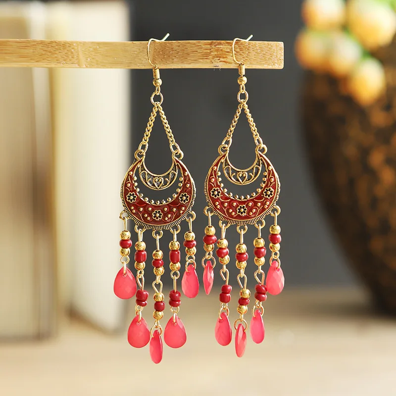 Bohemian Antik Gold Farbe Lange Wasser Tropfen Quaste Ohrringe für Frauen Vintage Bunte Geometrische Tropfen Baumeln Ohrringe Schmuck – Detail 25